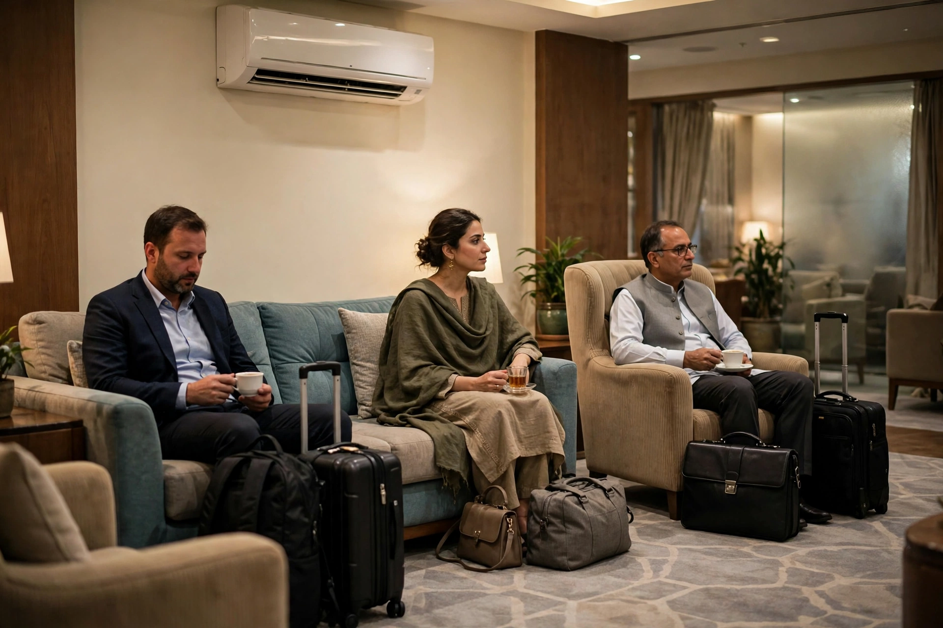Illustration of a quiet, fully air-conditioned business-class lounge with comfortable sofa seating