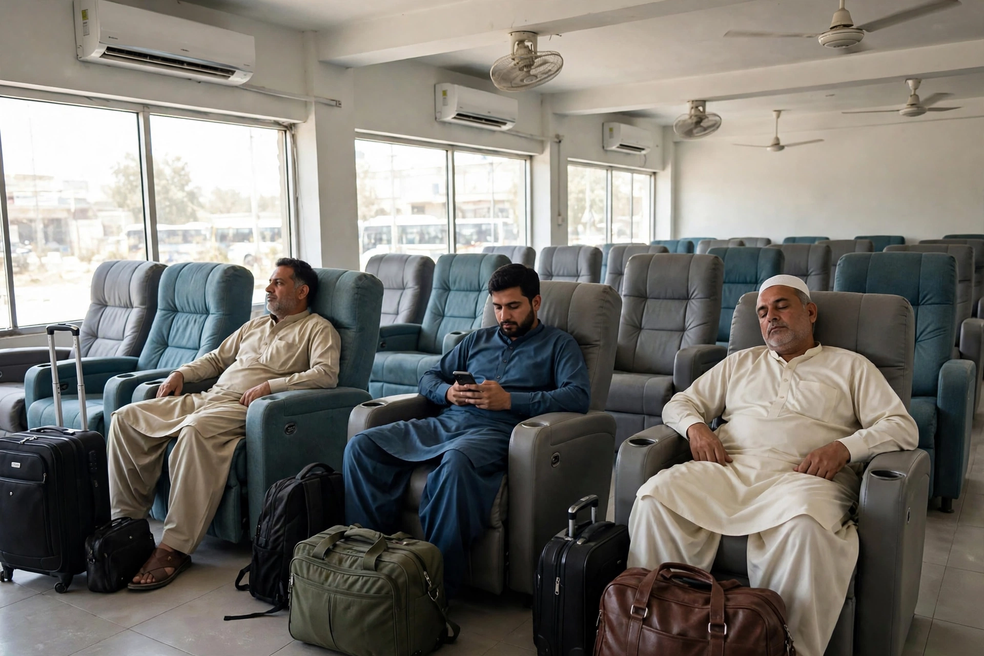 Illustration of a comfortable air-conditioned executive-class lounge with recliner seats
