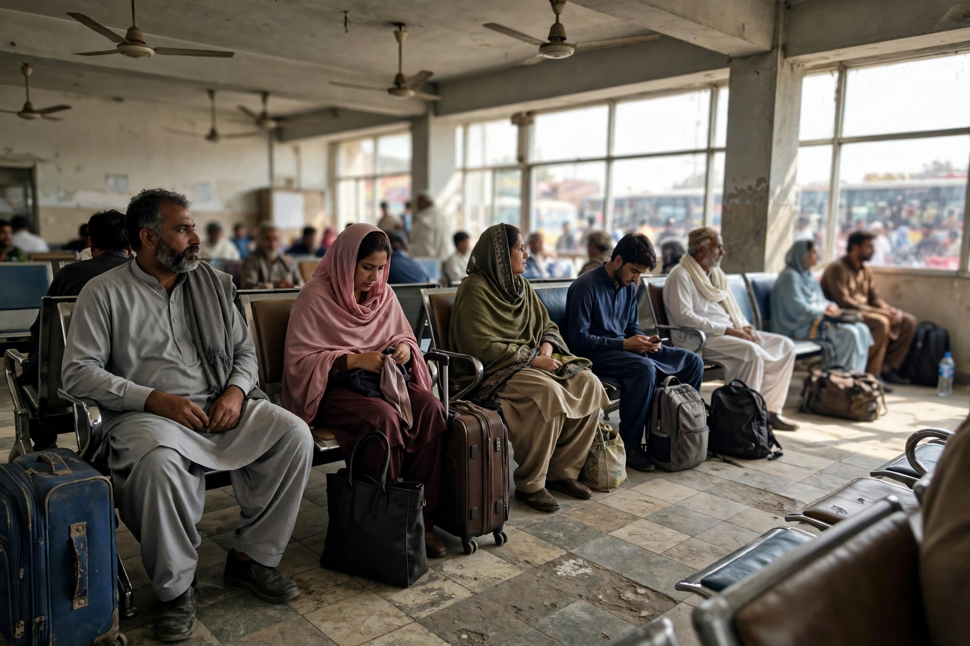 Illustration of a busy Pakistani bus terminal waiting hall with passengers seated with their luggage